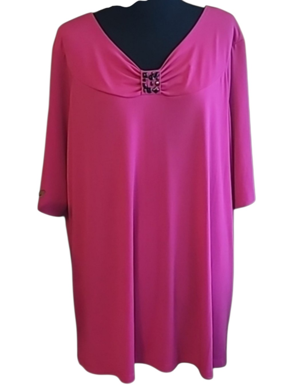 Bright Pink Embellished Vneck Tunic Top 3/4 Sleeve Flowing Fit